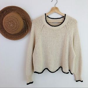 Zara Knit Cream Black Trim Knit Cropped Oversized Sweater Women’s Medium